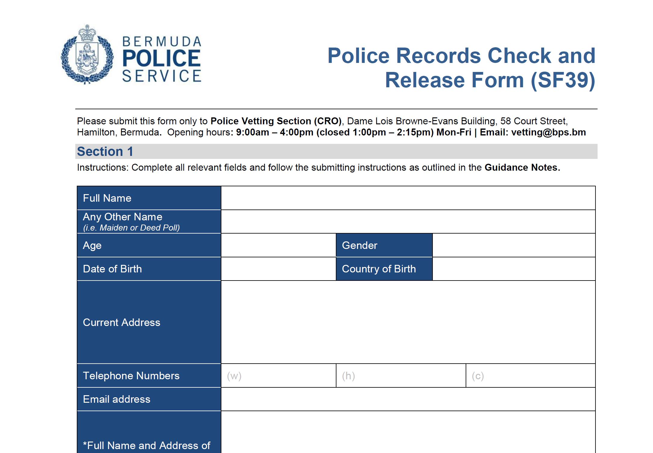 Application for Police Criminal Record Check